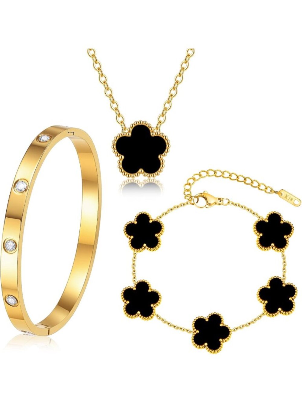 Elegant 3-Piece Gold Jewelry Set - Floral Bracelets & Waterproof Necklaces, Gift